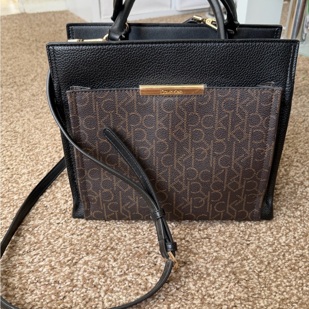 Calvin Klein Black Leather Satchel with Brown Monogram Front - Picture 2 of 4